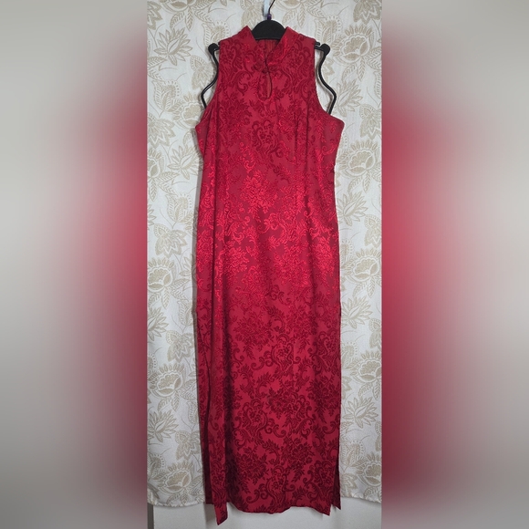 AMAZING USA Dresses & Skirts - VTG 90'S AMAZING USA RED ORIENTAL ASIAN STYLE FLORAL DRESS SIDE SPLIT sz LARGE